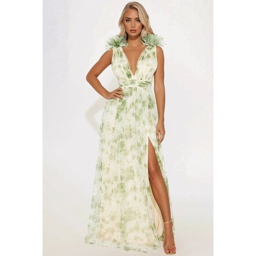 Fashion Nova‎ Evelyn Tulle Formal Gown XS Green Floral Side Slit Maxi Fairycore